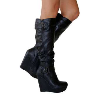 City Slick Buckles Accent Slouchy Knee High Covered Wedge Platform 
