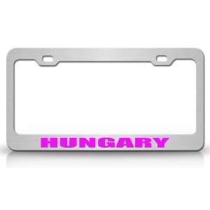 HUNGARY Country Steel Auto License Plate Frame Tag Holder, Chrome/Pink