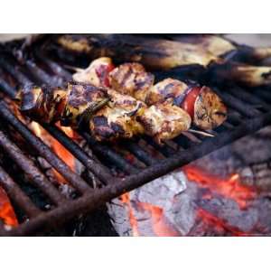  Closeup of Chicken Kebabs Cooking on a Campfire, Cape Cod 