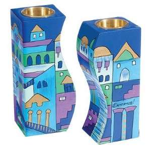   Jerusalem in blue Hand painted Shabbat Candlesticks 