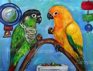   SUN CONURE GICLEE of Painting Green Parrot Kris Kasheta Bird Pet ART