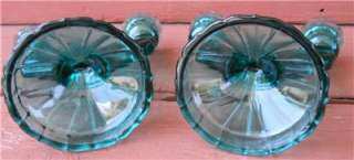 BLUE GREEN TEAL DOUBLE CARNIVAL GLASS CANDLE HOLDERS  