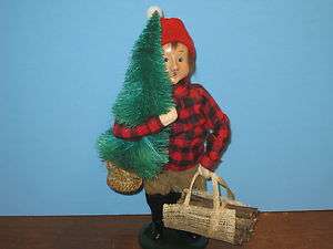 Byers Choice Retired 1991 Boy Cutting Christmas Tree with Cut Logs 