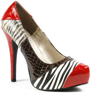 Red Black Brown Zebra Plaform Stiletto Heel Almond Toe Pump QUPID 