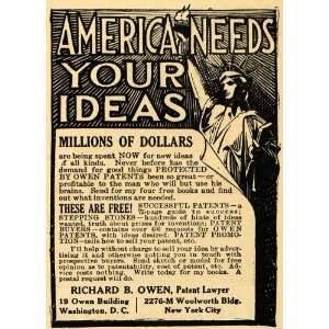  1918 Ad America Richard Owen Statue Liberty Patent Book 