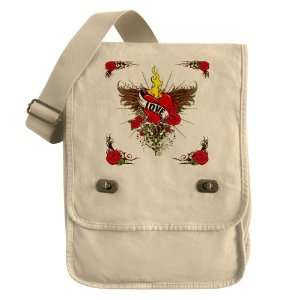   Field Bag Khaki Love Flaming Heart with Angel Wings 