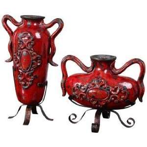   Set of 2 Crackled Bright Red Ceramic Rami Vases