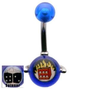  14G 3/8 UV Blue Flaming Dice Spinner Curved Barbell 