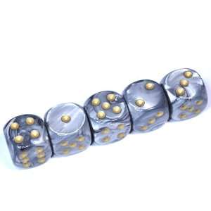  Set of five 16mm dice in Organza Pouch   Leaf Steel & Gold 