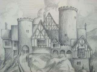 Very nice mid century pencil sketch of a European castle on a hillside 
