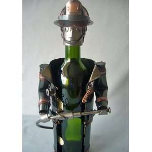  Unique Handmade American Fireman Sculpture Steel Wine Bottle 