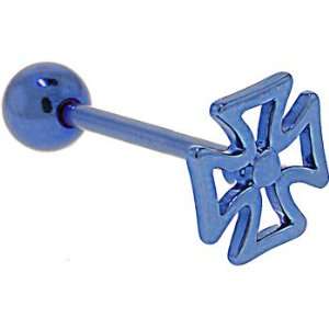    Blue Titanium Anodized 3 D Iron Cross Barbell Tongue Ring Jewelry
