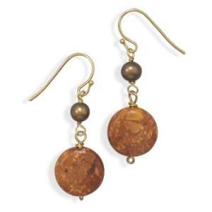    Orange Jasper and Brown Chocolate Pearl Brass Earrings Jewelry