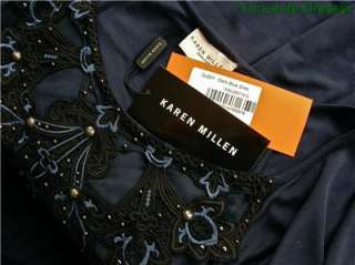 New KAREN MILLEN Dark Blue Beaded Lace Jersey DRESS  