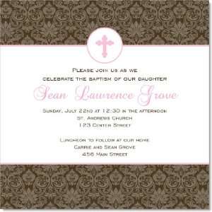   Damask with Pink Cross Baptism Invitations