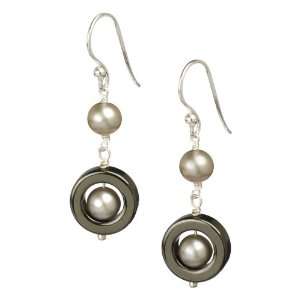  Hematite Circles and Silver Grey Freshwater Cultured Pearl 