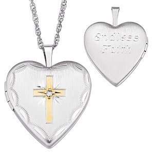    Sterling Silver Diamond Accent Cross Engraved Locket Jewelry