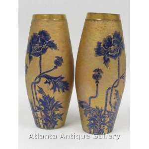 Pair of Cameo Vases with Elevated Cobalt Blue Poppies on Etched Gold 