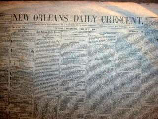 1861 Confederate NEW ORLEANS newspaper BATTLE of 1st BULL RUN Manassas 