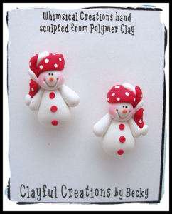 Beckys Polymer Clay  Snowman Red/Wht Earrings FH, Post  