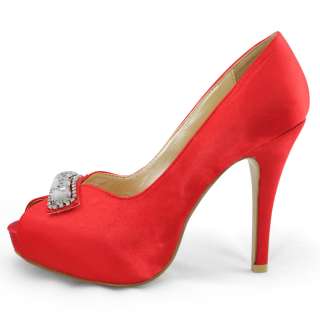   red satin wedding rhinestones platform high heels pumps shoes  