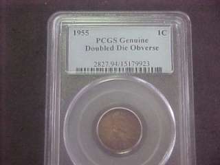 1955/55 DOUBLE DIE LINCOLN CENT PENNY PCGS ALMOST UNC.  