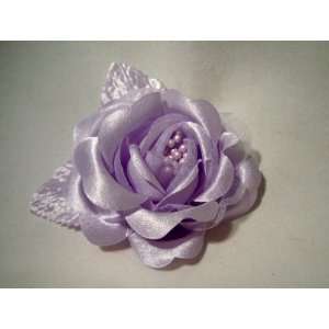  Beaded Lavender Purple Rose with Leaves Hair Flower Clip 