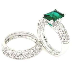   Classic 2 piece Wedding Set w/White & Emerald CZs, 10 Alljoy Jewelry