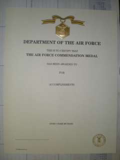USAF COMMENDATION MEDAL CERTIFICATE   ORIGINAL  