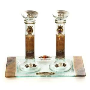  Brown Leaves Glass Shabbat Candlesticks with Accompanying 