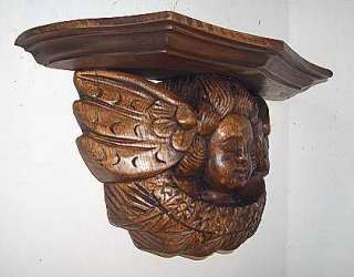 LARGE CARVED WOODEN CHERUB ANGEL WALL CORBEL PLAQUE.  