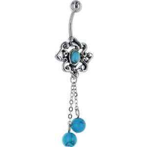    Vintage Southwest Turquoise Flower Dangle Belly Ring Jewelry