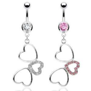  Navel ring with dangling crooked hearts, clear Jewelry