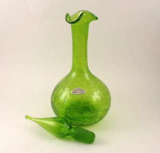 Blenko Glass Green Crackle Decanter & Stopper with Label  