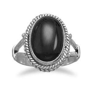 Sterling Silver Oval Black Onyx Rope Edge Ring / Size 7 Jewelry