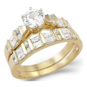   14k Yellow Gold Solitaire CZ Cubic Zirconia Two Ring Wedding Set 2.0