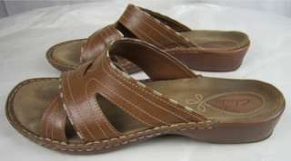   Tan Leather Slides Sandals 8M Criss Cross Straps Low Heels   