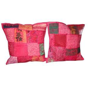 Chair Cushion Covers 2 Pink Embroidery Sari Toss Pillow Cushion Covers 