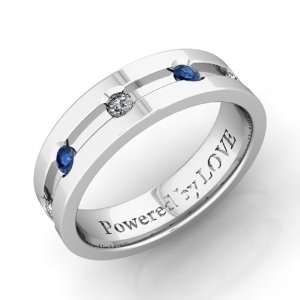 Engraved Mens 5 Stone Sapphire Diamond Wedding Band Comfort Fit in 14k 