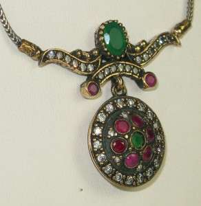 Art Deco Rose Gold/925 Pendant Necklace 15 Inch 2.18ct Emerald, Ruby 