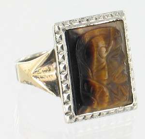 ANTIQUE STERLING TIGERS EYE ROMAN SOLDIER RELIEF RING 9  