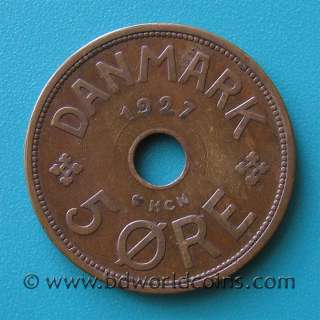 DENMARK 1927 HCN GJ 5 ORE 27mm Bronze coin Christian X  