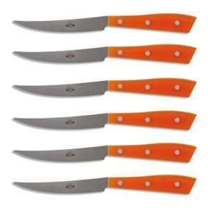  Compendio Steak Knives, Grey Blade, Orange Lucite handle 