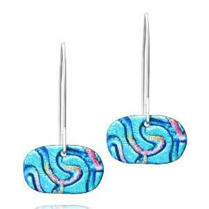   Silver Dichroic Glass Multi Color Swirl Oval Earrings Jewelry