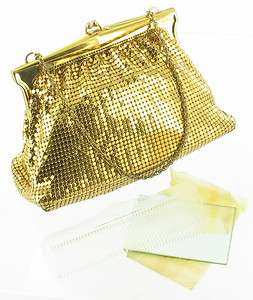   WHITING & DAVIS GOLD CHAIN MAIL MESH PARTY PURSE BAG 50S~MIRROR & COMB