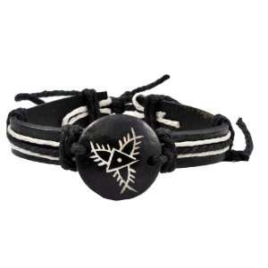  Black Leather White Hemp Primitive Sign Leather Bracelet, #66 Jewelry