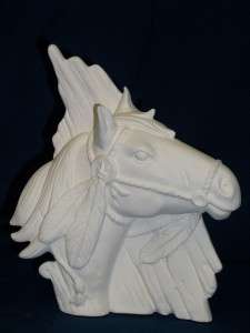 THIS LISTING IS FOR A CERAMIC BISQUE HORSE HEAD ON WOOD.IT IS 9 TALL 