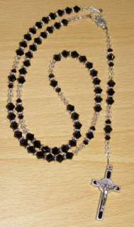   Crystal Clear, Silver & Black Rosary Prayer Cross Mens Necklace Gift