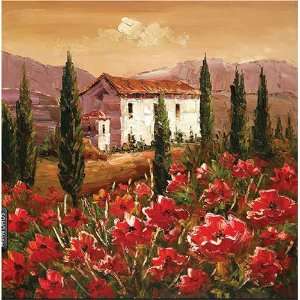 Fine Oil Painting Red Poppies and Farmhouse 24x24 