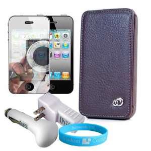  Purple Leatherette Case for Iphone 4 + Car Adapter Charger 